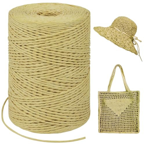LEREATI Raffia Garn zum Häkeln, Bastband Natur 1.5mm x 300m Papiergarn Geschenkbänder, Bändchengarn zum Häkeln, Papierdraht zum Häkeltaschen, Körbe, Hüte, Geschenkverpackung (Braun)