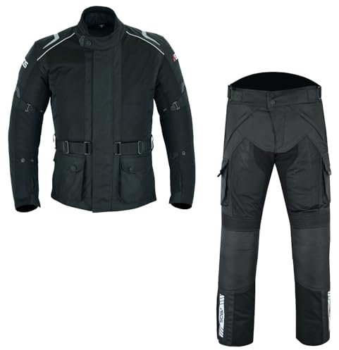 WMW WALI MOTO WEAR Motorradkombi 2-teiler Textil - wasserdicht, atmungsaktiv Herren Motorrad Textil Kombi Herren Motorrad Jacke und Hose (BLACK, XS)