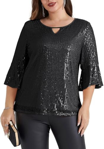 Hanna Nikole Damen Pailletten Tops 3/4 Ärmel Hohl V-Ausschnitt Designs Pailletten Bluse Schwarz 52