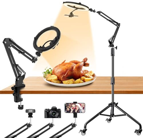 Ring Light Overhead Phone Mount with Casters, Dual-Purpose Floor/Desk Light Tripod for iPhone, Selfie Phone Tripod for Video Recording/Live Streaming/Cooking