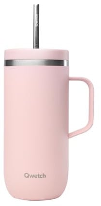 QWETCH - Cold Cup 600ml avec Poignée et Paille - 24h Glacé & 12h Froid - Pastel Rose - Gourde Isotherme en Inox, Sans BPA, Tasse Thermos Café