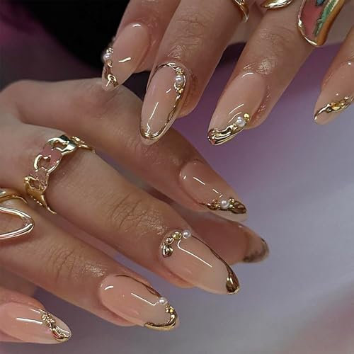 Kabwea Nägel Zum Aufkleben, 24 Stück Goldene Französische Spitzen - Kunstnägel Inklusive Nagelfeile, 24 Jelly Glue Sticker, Perfekt Für Frauen Und Mädchen