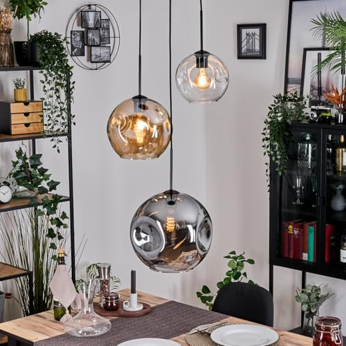 HOFSTEIN Hängeleuchte Ripoll, 3-flammige Hängelampe aus Metall/Glas in Schwarz/Bernstein/Rauch/Klar, Pendelleuchte im Retro/Vintage-Design (Schirme Ø 20;25;30 cm), E27, Esszimmer, Wohnzimmer, Küche