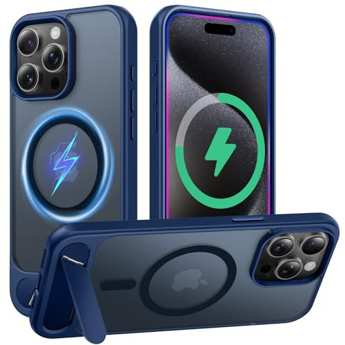 TAURI for iPhone 15 Pro Max Case with Stand, [Compatible with MagSafe] Military-Grade Protection, [Translucent Matte] Shockproof Magnetic Case for iPhone 15 Pro Max 6.7, Blue