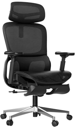 Hbada P2 Ergonomischer Bürostuhl, Bürostuhl mit 3D-Lendenwirbelstütze, Mesh-Stuhl mit 3D 360° drehbaren Armlehnen & 3D-Kopfstütze, 135° stufenloser Neigungsfunktion, Schwarz (mit Fußstütze)