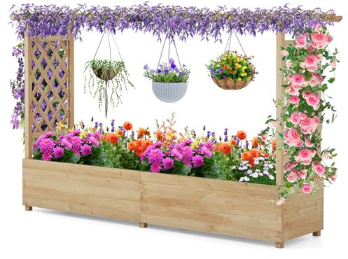 GOPLUS Hochbeet mit Rankgitter, Blumenkasten mit hängendem Dach & Ablauflöchern, Pflanzkasten Rankhilfe Pflanzkübel für Garten, Terrasse, Hof (Natur, 200 x 44 x 114 cm)