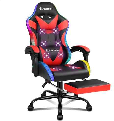 ELFORDSON LED Gaming Chair with 8-Point Massage, Ergonomic Computer Office Chairs with Headrest, Lumbar Cushion, Footrest, RGB Light, PU Leather, Lyam Series (Red)