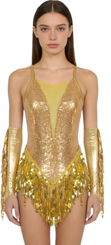 inlzdz Damen Glitzer Pailletten Tanzkostüm Latein Tanz Trikotkleid Tanzanzug Body Handschuhe mit Quasten Fransen Swing Performance Bühne Kostüm