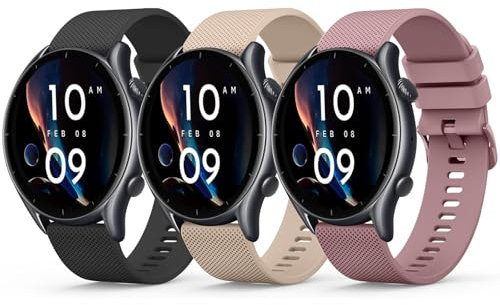 Amzpas 3 Stück Armband für Amazfit GTR 3 Armband,22mm Silikon Ersatzarmbänder Uhrenarmband für Amazfit GTR 4/3Pro/2/2e/Balance/Stratos 2S/Pace/Bip 5/BIP 6(Schwarz/Violett/Milchtee)