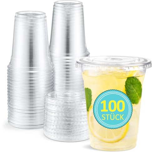 Eupako 100 Stück 360ml Plastikbecher mit Deckel Einweg-klare Trinkbecher | für Getränke Parfait &Smoothies, kühlschrankgeeignet, stapelbar Einwegbecher