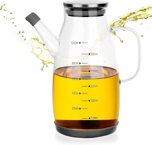Dispenser per olio in vetro borosilicato da 1 litro, bottiglia a prova di perdite con manico e scala graduata, bottiglia per olio e aceto in vetro di alta qualità, per cucina, lavabile in