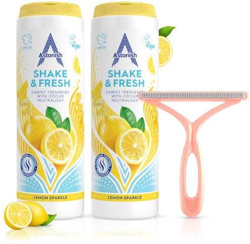 Carpet Freshener with Pet Hair Remover & Carpet Scraper Tool – Shake and Vac Carpet Freshener Powder 2 x 350g, Carpet Deodorizer, Lemon Sparkle Scent for Rugs, Upholstery & Car Floors