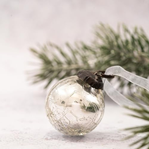 Arthur Cameron - Set of 6 Small 1 Hand-Blown Crackle Glass Balls - 3cm Small Hanging Ornaments with Bronze Caps & Organza Ties – Christmas Tree Decorations (Silver)