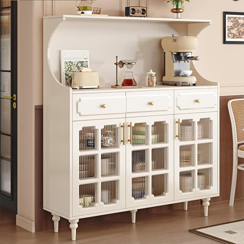 ZIGTUEI Kitchen Pantry Cabinet, Tall Storage Cabinet, Arched Bookshelf Bookcase, Coffee Bar Workstation, Tall Food Pantry Funiture for Living Room,Dining Room(White,135x120cm/53.1x47.2in)