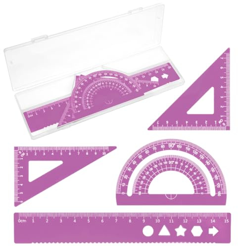 JEYORZY 4x Juego de reglas, Escuadra cartabon y transportador, conjunto de regla, reglas metalicas, reglas escolares reglas kit, conjunto de geometría para el maestro estudiante de la escuela, Morado