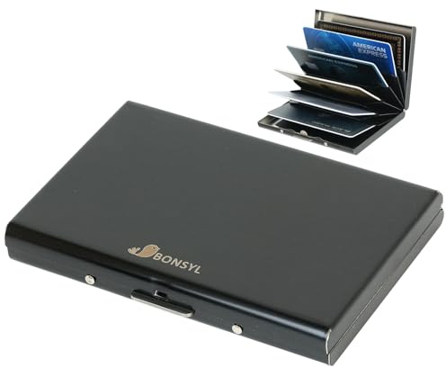 BONSYL® Kreditkartenetui, RFID Blockierung Schlankes Metall Kreditkartenetui Geldbörsen mit 6 Kartenfächer für Damen und Herren.(6 Karten/SchwarzSlot)