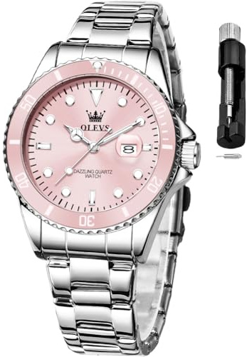 OLEVS Montre-Bracelet pour Homme - Facile à Lire - Analogique - À Quartz - avec Date - Couleur Argent - Style décontracté - en Acier Inoxydable - Étanche - Lumineux - Deux Tons