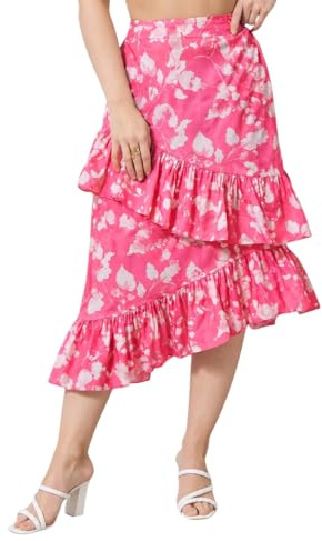 OOMPH! Asymmetrisk dammidikjol med blommönster, elegant, flödande passform, medelhög, lätt och ventilerande, utsvängd fåll, avslappnad sommarkjol, rosa, M