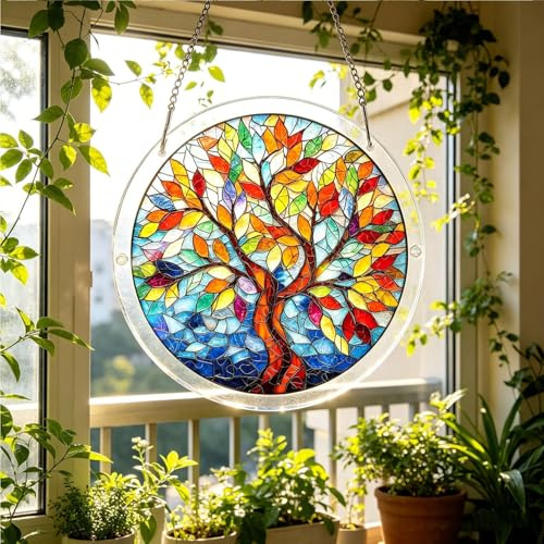 Acrylic Jigsaw Puzzle Suncatcher, Tree of Radiant Glass Puzzles – Jigsaw Puzzle Ornament for Doors Garden, Mother's Day Christmas Birthday Gifts for Women Men (Tree of Life A)