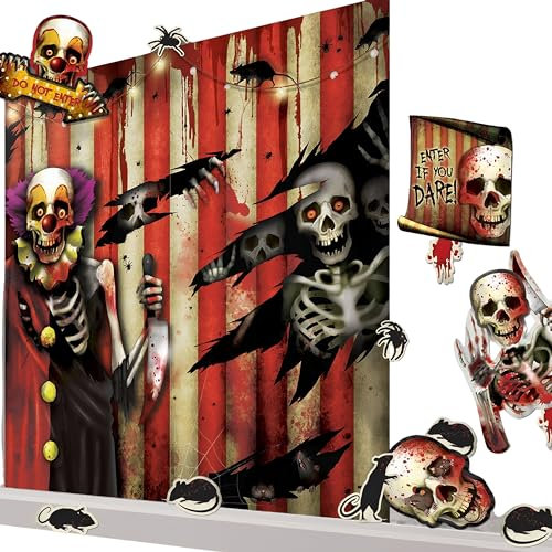 Amscan 670194 - Deko-Set Wand Creepy Carnevil, aus Papier und Plastik, 33-teilig, Horrorclown, Totenkopf, Halloween, Horror-Party, Mottoparty