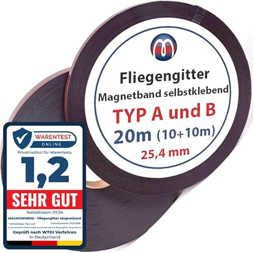 Fliegengitter Magnetband extra stark Set A und B je 10m Rolle - Magnetstreifen selbstklebend 25,4mm breit - Insektenschutz Magnet-Befestigung für Fenster ohne bohren für alle Moskito-Netz Fliegen-Netz