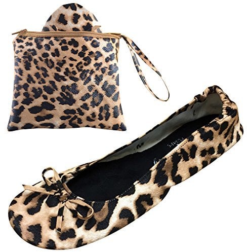 After Party Pumps® Leopard Print Size UK 3-4 Ladies Roll Up Shoes Fold Up Pumps Foldable with Carrier Pouch