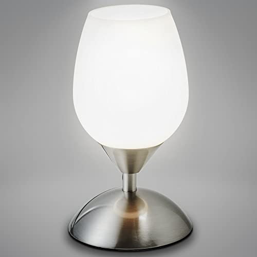 B.K.Licht - Nachttischlampe mit Touch, Dimmbar, E14 Fassung, Tulpe Glas weiß, Tischlampe, Lampe, Nachttischleuchte, Tischleuchte, Bürolampe, Leselampe, Leselicht, 10,8x19.5 cm, Matt-nickel-weiß