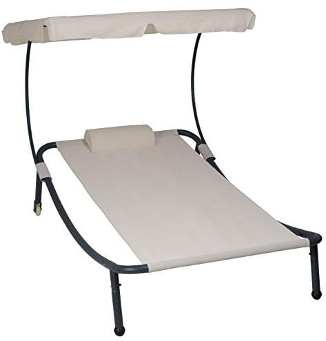Divero Sonnenliege Sonnenbett beige 202 x 139 x 152 cm mit Sonnendach und Kopfkissen für eine Person Gartenliege mit Räder Stahlrahmen Mamry