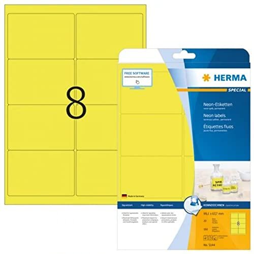 HERMA 160 Labels 99.1 x 67.7 mm Neon Yellow Self-Adhesive Rounded Corners (Pack of 160)