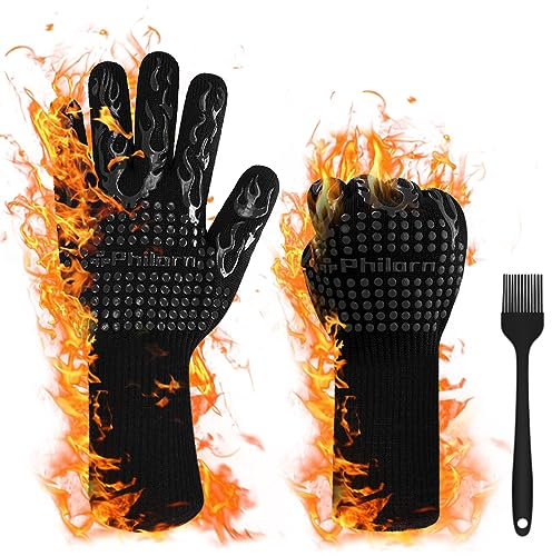 PHILORN Grillhandschuhe 800 Grad, 2 x Ofenhandschuhe Grill Lederhandschuhe Hitzebeständige bis zu Universalgröße Kochhandschuhe Backhandschuhe für BBQ Kochen Backen und Schweißen-Klassisch