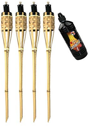Moritz 4X Bambusfackeln Fackel Deluxe 90 cm Standard Natur + 1x 1000ml Lampenöl Gartenfackel Ölfackeln Garten Deko Öllampe Wegleuchte