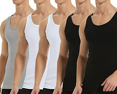Falechay Débardeur Homme Lot de 5 Maillot de Corps 100% Coton Musculation Sport Maillot de Corps Noir Blanc Gris 4XL