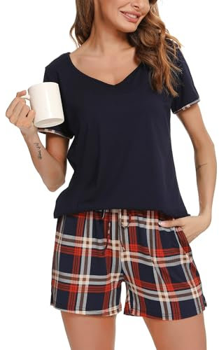 Vlazom Damen Pyjama Schlafanzug Kurz Sommer Pyjama Set Baumwolle Nachtwäsche Kurzarm V Aussschnitt Sleepwear mit Kordelzug & Seitentasche(S,Stil D-Blau)