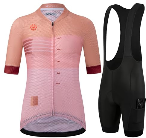 GCRFL Damen Radtrikot Sets Rennrad Jersey Reitshirts Leicht Atmungsaktiv Trägerhose mit Taschen Gepolstert, rose, 42