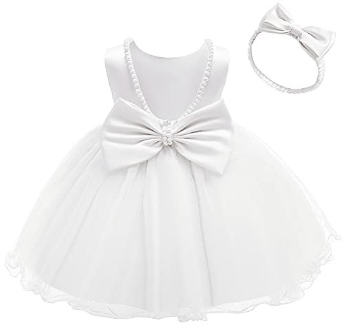 IWEMEK Enfants Bébé Filles Perlée Dos Nu Bowknot Tutu Robe De Princesse + Bandeau sans Manches Première Communion Robe de fête d'anniversaire Baptême Demoiselle d'honneur Mariage Blanc 18-24 Mois