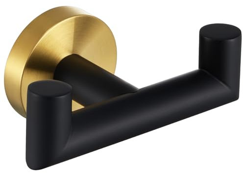 Angle Simple Double Towel Hook Black & Gold, Stainless Steel Bathroom Towel Holder, Hand Towel Hanger for Wall