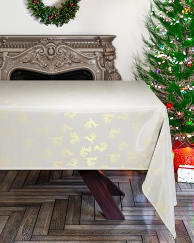 Emma Barclay Christmas Table Cloth, Rectangular Machine Washable Xmas Dining Tablecloth in Cream with Gold Reindeer Design - 60x84 Inch (152x213cm)
