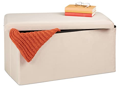 Relaxdays Sitzbank mit Stauraum, Samtbezug, 80 L, Flur, Wohnzimmer, Creme | gepolstert, faltbar, Truhenbank, 38x77x39 cm