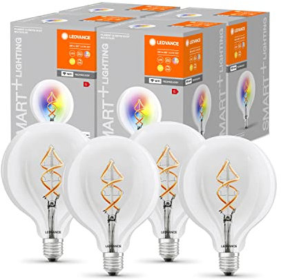 LEDVANCE Smarte LED-Lampe mit Wifi Technologie, E27, RGB, Globeform, Farbiges Filament als Stimmungslicht, Ersatz für herkömmliche 60W-Glühbirnen, steuerbar mit Alexa, Google & App, 4er-Pack