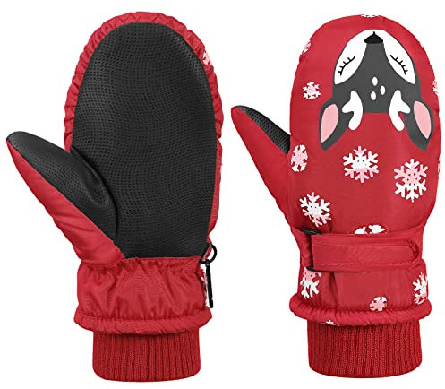 MoKo Kinder Skihandschuhe, Winter Fäustlinge Handschuhe Winddicht Wasserdicht Sport Handschuhe für Skifahren Radfahren Snowboarden Outdoor-Aktivitäten für Jungen Mädchen von 2-4 Jahren, Rot/Hirsch