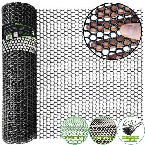 QueenBird Upgraded Plastic Chicken Wire Fence Mesh - 15.7IN x 10FT - Black/Green/White Colors - Hexagonal Fencing for Gardening - Poultry Netting, Floral Wire Netting, Garden Fencing (Black)…