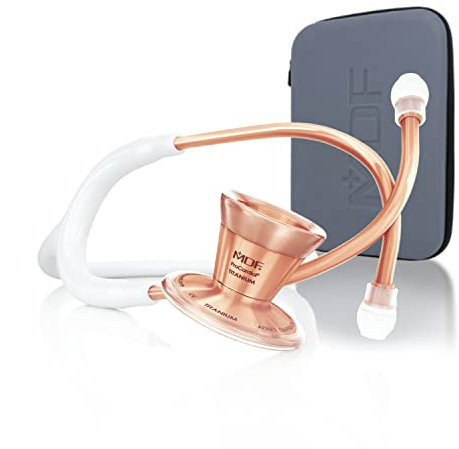MDF Roségold ProCardial Kardiologie-Stethoskop, Leichtgewicht Titan, Erwachsene, Doppelkopf, weißer Schlauch, Roségold Brustst¸Kopfhörer, MDF797TRG29+ Reiseetui