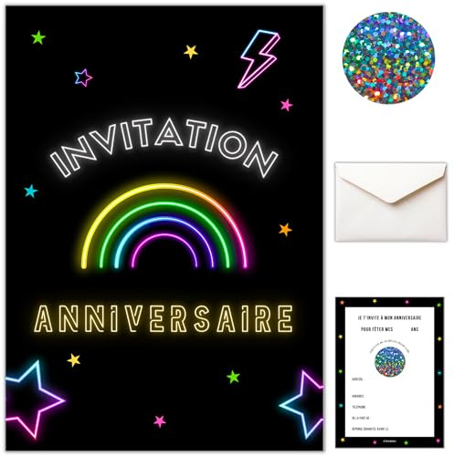 STUDIO MANALI 12 Einladungskarten zum Geburtstag zum Rubbeln für Kinder Mädchen und Jungen – 12 Umschläge – 12 Aufkleber – Thema Neon