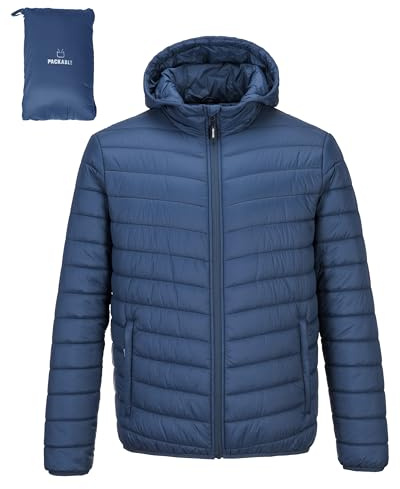 Outdoor Ventures Mens Puffer Jacket Lightweight Water Resistant Hooded Jacket Insulated Puffy Coat Winter Packable Men's Jacket with Pockets for Hiking Camping Travelling Navy Blue L