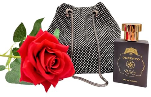 Idea Regalo San Valentino - Profumo Donna - Eau de Parfum Deserto 50ml – Pochette con Strass e Rosa Rossa sintetica - Melia Cosmetica®
