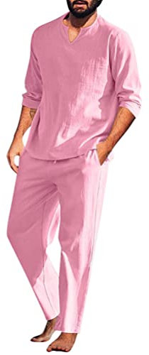 Onsoyours Set di Camicia da Uomo Estiva Abbigliamento Sportivo Casual Manica Lunga Camicia in Lino con Bottoni E Pantaloni da Spiaggia per Il Tempo Libero 2 Pezzi D Rosa XL
