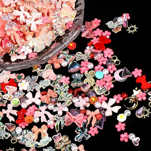 Bewudy 500 Stück Mischen Nagel Charms Dekorations, 3D Nail Dekorationen Kunstharz, Niedliche Maniküre Accessoires Blume Schleifen Herzen für Nagel Kunst Dekorations Nail DIY (Rosa)