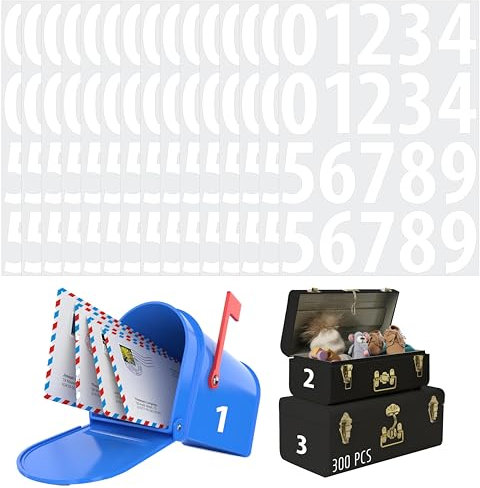 300 Nummernaufkleber, 5cm wasserfeste Vinyl-Nummernaufkleber aufeinanderfolgende Nummern 0-9 Etiketten selbstklebend ohne Rückstände für Büro, Klassenzimmer, Innenräume, Boxen (15 Bögen, weiß)