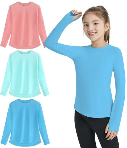 EXARUS Langarm-Shirt für Mädchen, sportlich, schnell trocknend, LSF 50+, Performance-T-Shirts mit Taschen, Daumenlöchern, Workout, Teenager, Set 2, 128