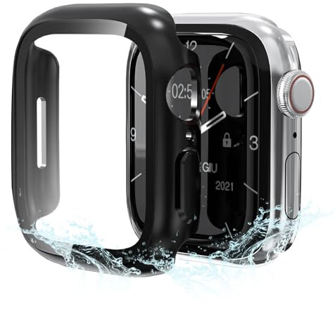 BERSEM 2 Piezas Fundas para Apple Watch Series 9/8/7 45mm con Protector de Pantalla Cristal Templado, Funda de PC Resistente al Agua, Impermeable, Resistente a Los Arañazos
